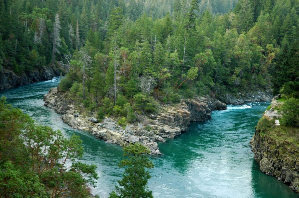 Feather River with turquoise water flowing around a rocky peninsula with dense forest